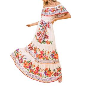 Flying Tomato Womens S Boho Dress Poetic Love Off Shoulder Folkloric Floral Maxi